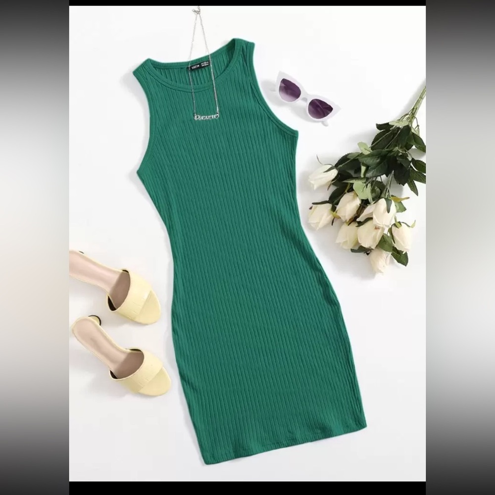 SHEIN Green Ribbed Halter Mini Dress